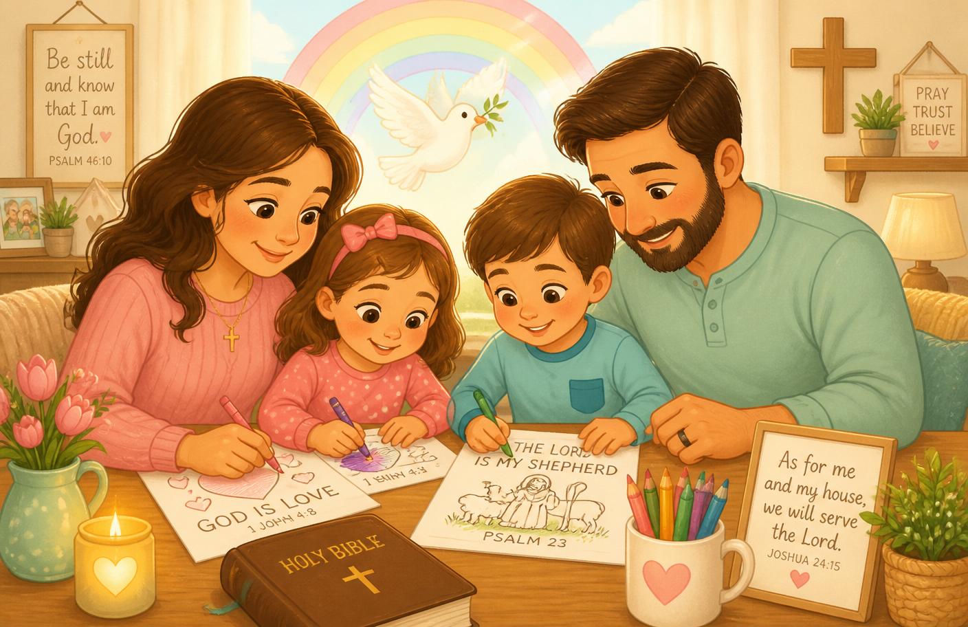 Familia cristiana coloreando páginas de la Biblia juntos