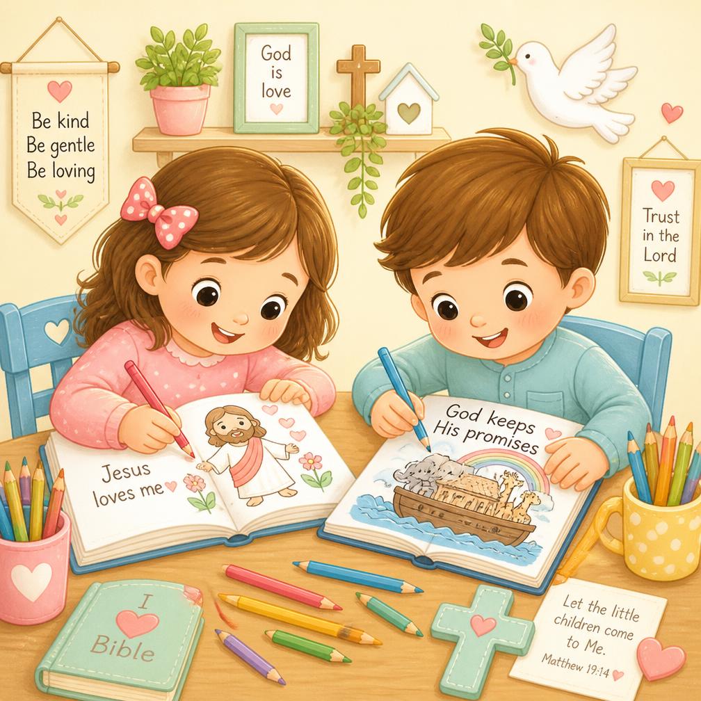 Niña y niño coloreando páginas bíblicas juntos