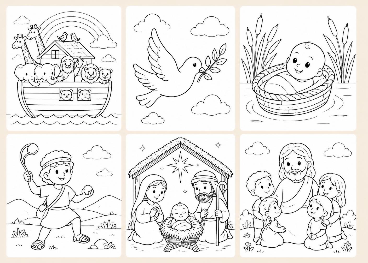 Páginas interiores del Ebook para colorear: Arca de Noé, paloma, Moisés bebé, David, Nacimiento de Jesús